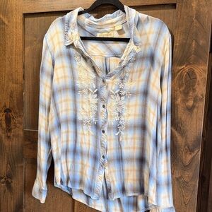 Stetson Blue and Cream Plaid Embroidered Button-Down Women's Shirt